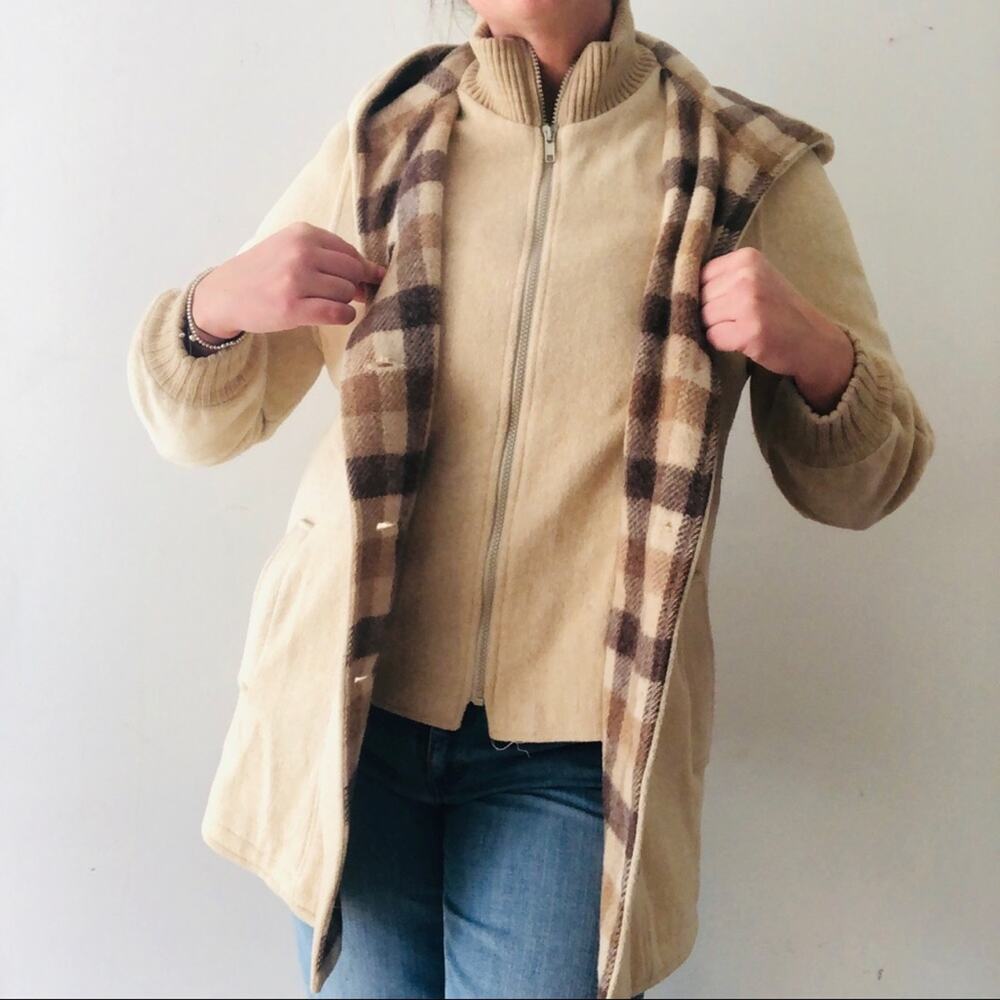 Vintage Long Plaid Jacket Hooded Pockets 1970s Wool Coat Size 12 Neutral Warm XL